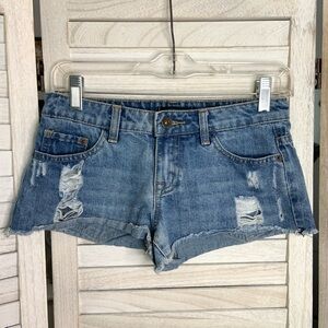 Forever 21 Medium Wash Distressed Denim Jean Shorty Shorts